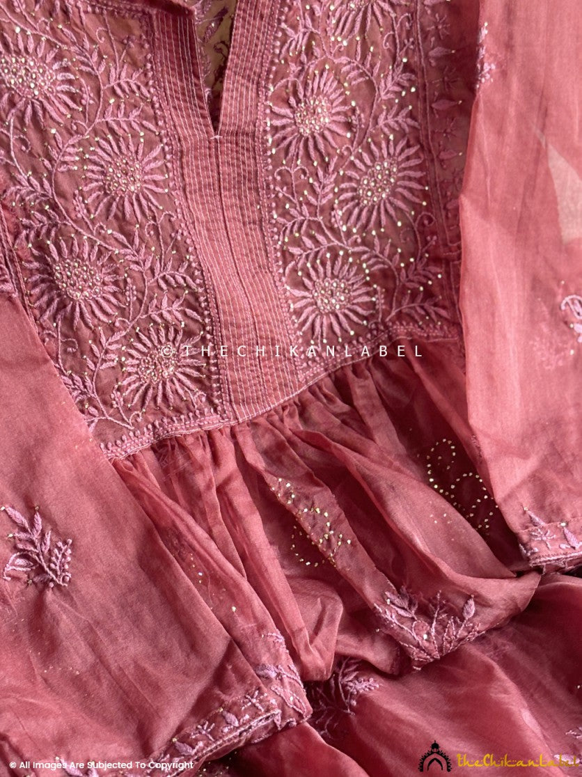 Wine Ahilya Organza Chikankari A-Line Kurta with Dupatta