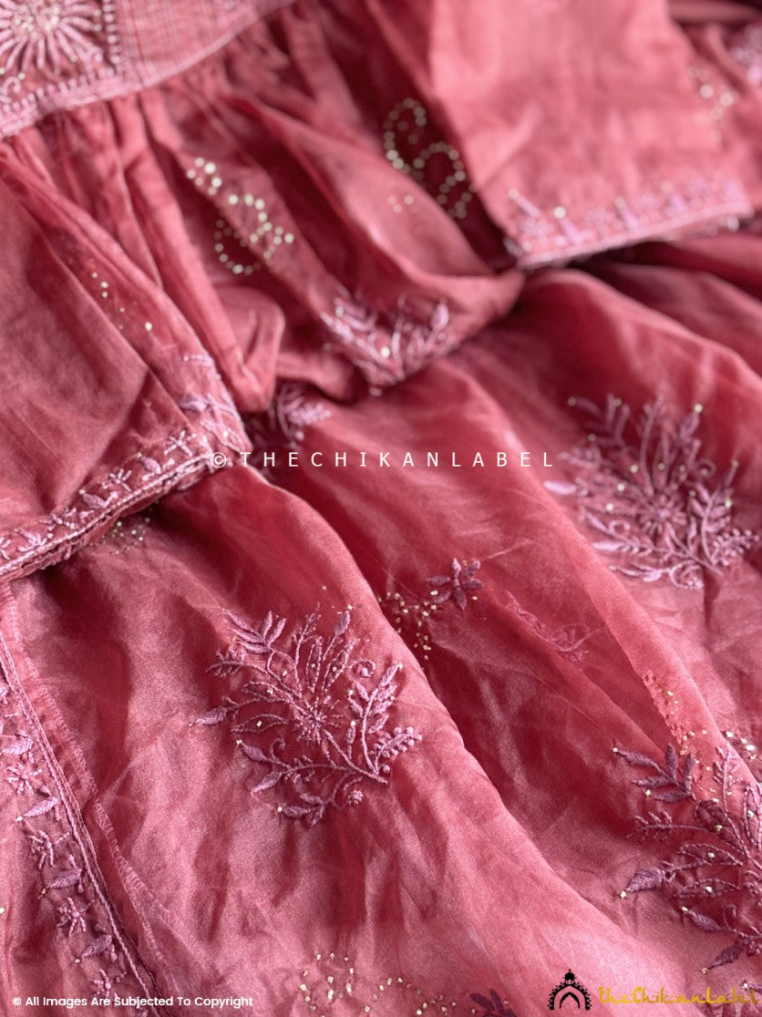 Wine Ahilya Organza Chikankari A-Line Kurta with Dupatta