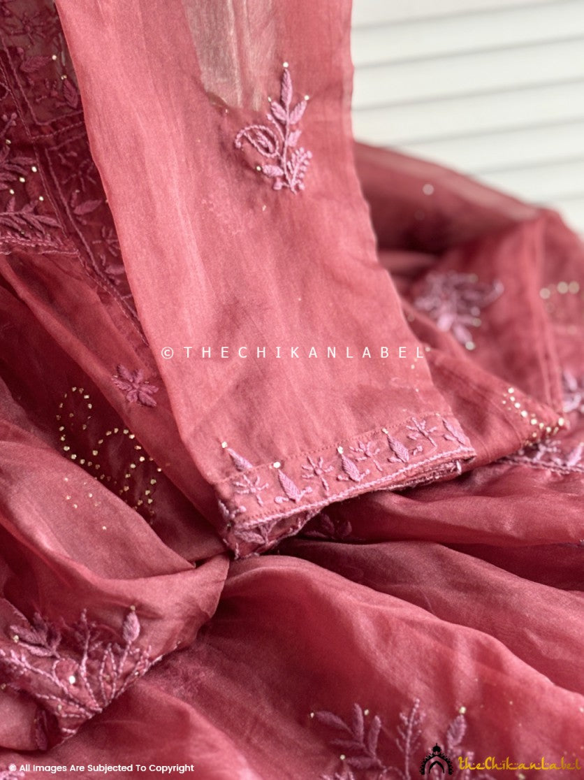 Wine Ahilya Organza Chikankari A-Line Kurta with Dupatta