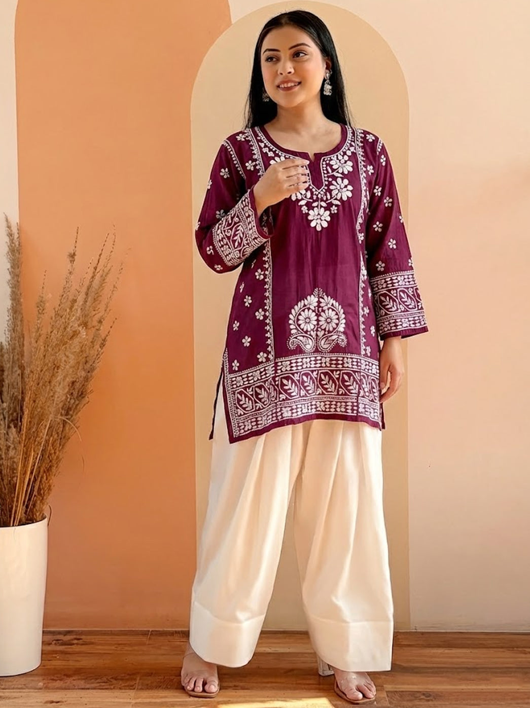 Wine Chanderi Chikankari Farshi Salwar Set
