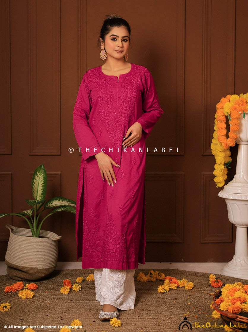 Hot Pink Riyad Cotton Chikankari Straight Kurti , Chikankari Straight Kurti in cotton Fabric For Woman
