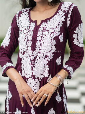 Wine Safa Muslin Chikankari Straight Kurti