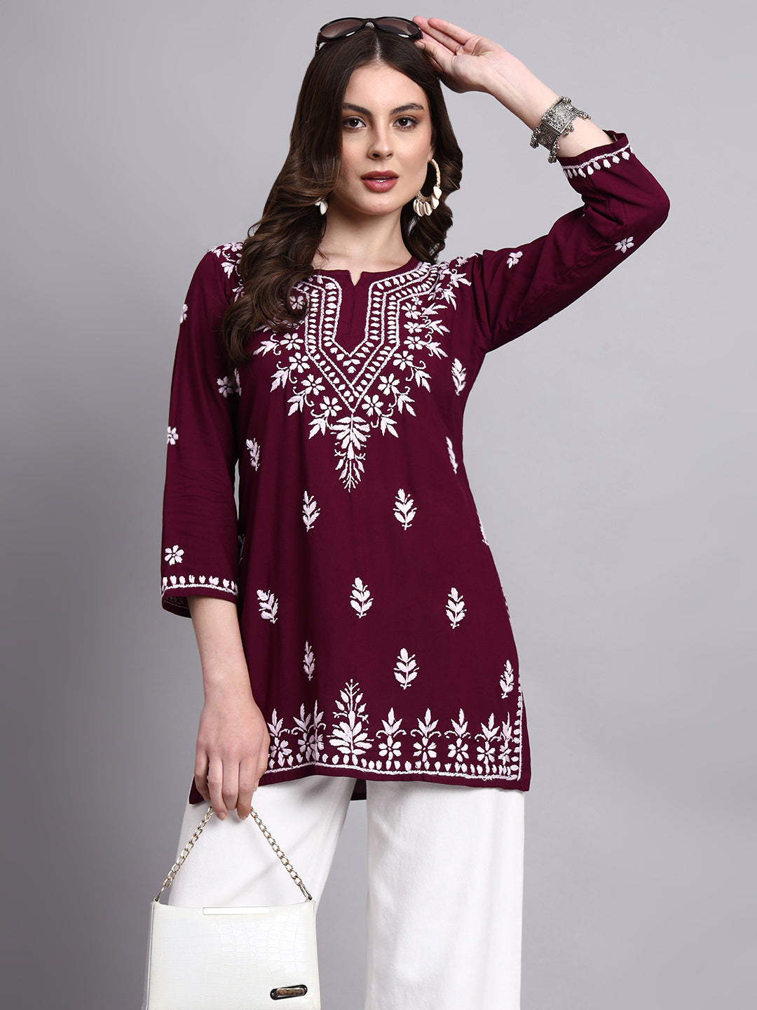 Rayon short kurta with authentic handmade chikankari work inspired by classic Indian craftsmanship