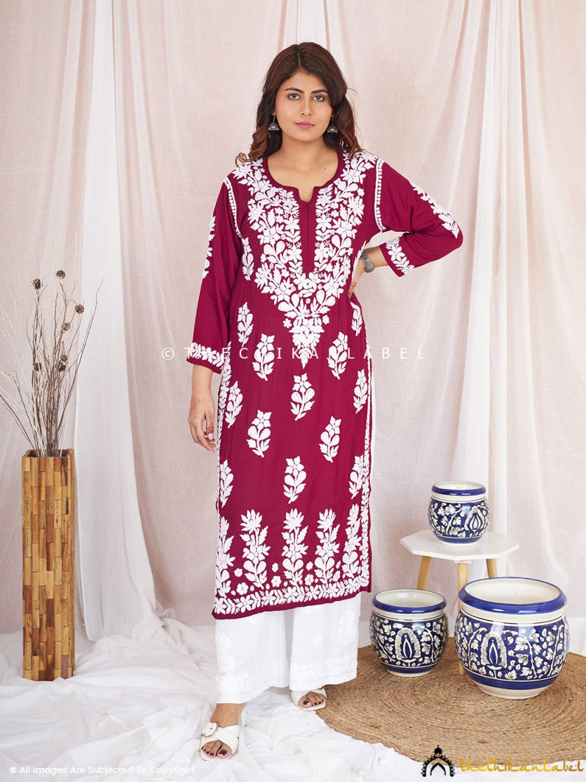 Maroon Simar Chikankari Straight Kurti ,Chikankari Straight Kurti in Modal Cotton Fabric For Woman