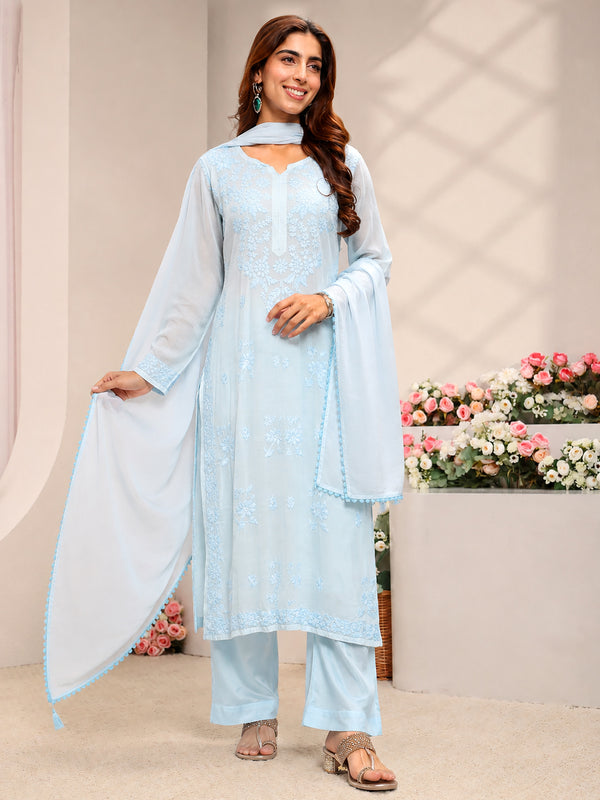 Breathable Chikankari muslin set for women designed with a straight embroidered kurta, relaxed matching bottoms and dupatta for regular wear and casual celebrations.
