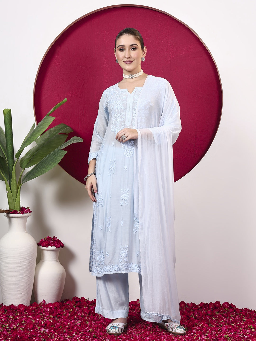 Yamika Muslin Chikankari Straight Kurta Set with Dupatta - Blue