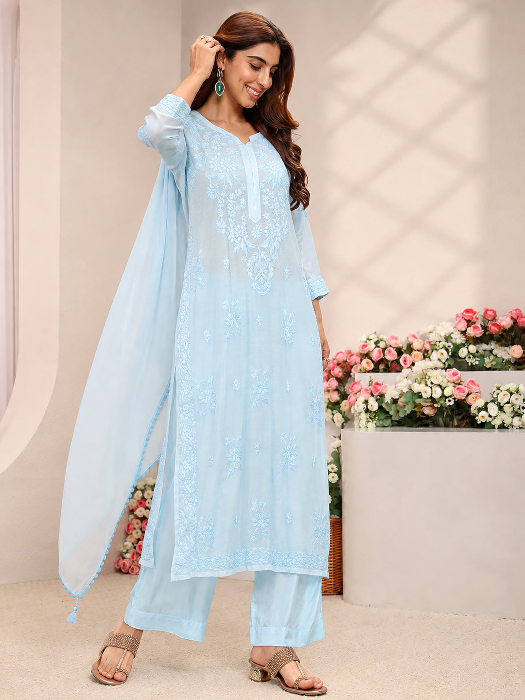 Women’s Yamika embroidered muslin kurta set with intricate Chikankari detailing, relaxed straight fit and coordinated dupatta designed for versatile traditional styling.