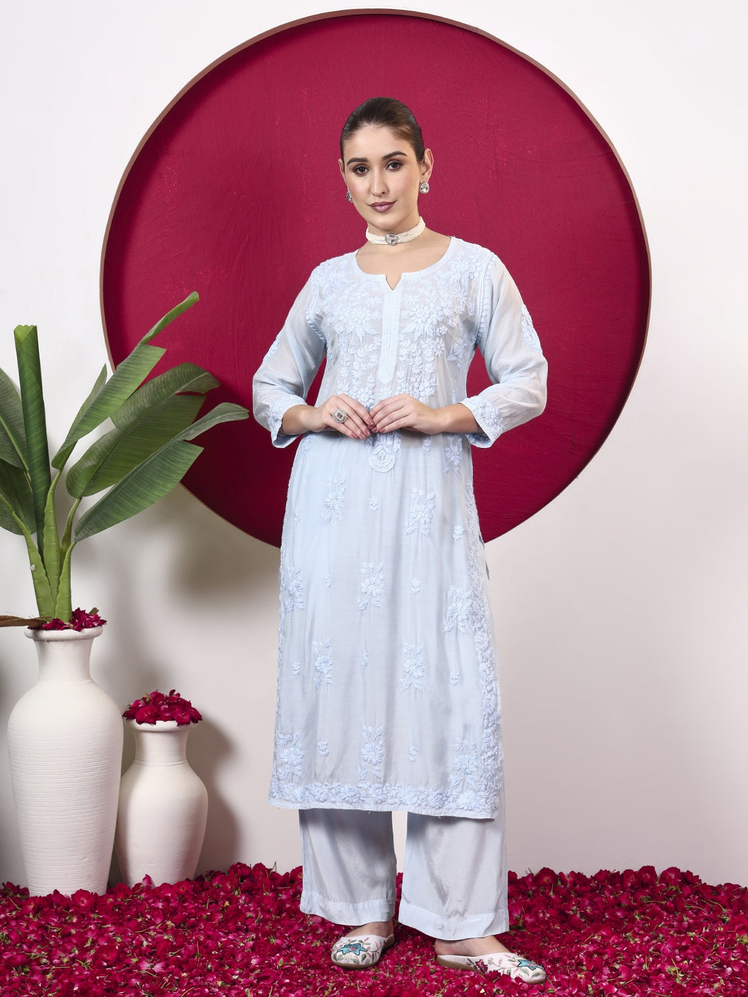 Yamika Muslin Chikankari Straight Kurta Set with Dupatta - Blue