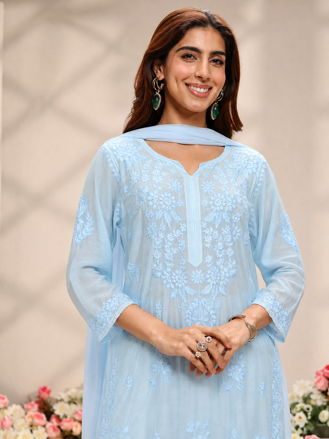 Yamika Muslin Chikankari Straight Kurta Set with Dupatta displayed in a full-length women’s ethnic look highlighting detailed embroidery and comfortable coordinated separates.