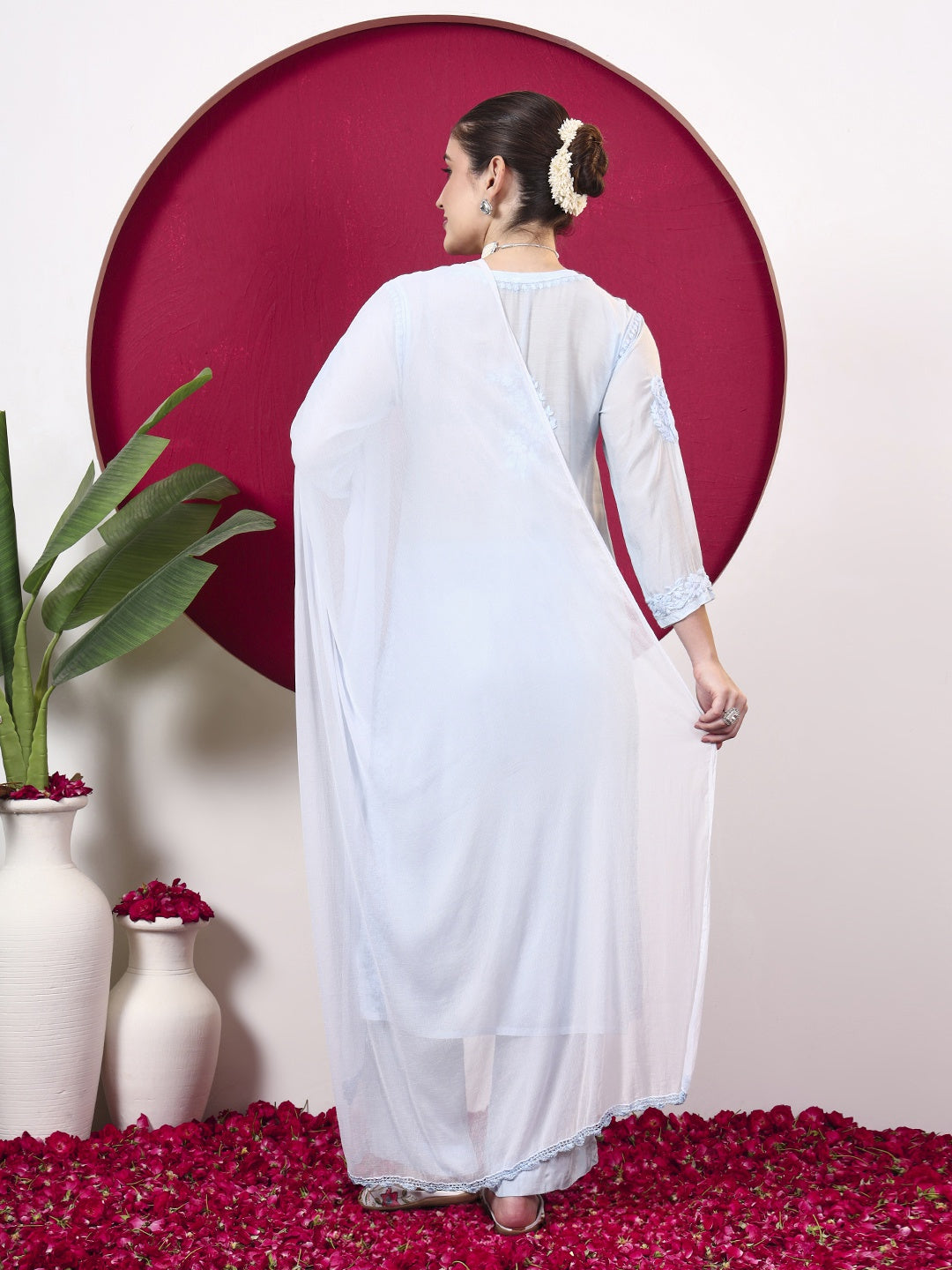 Yamika Muslin Chikankari Straight Kurta Set with Dupatta - Blue