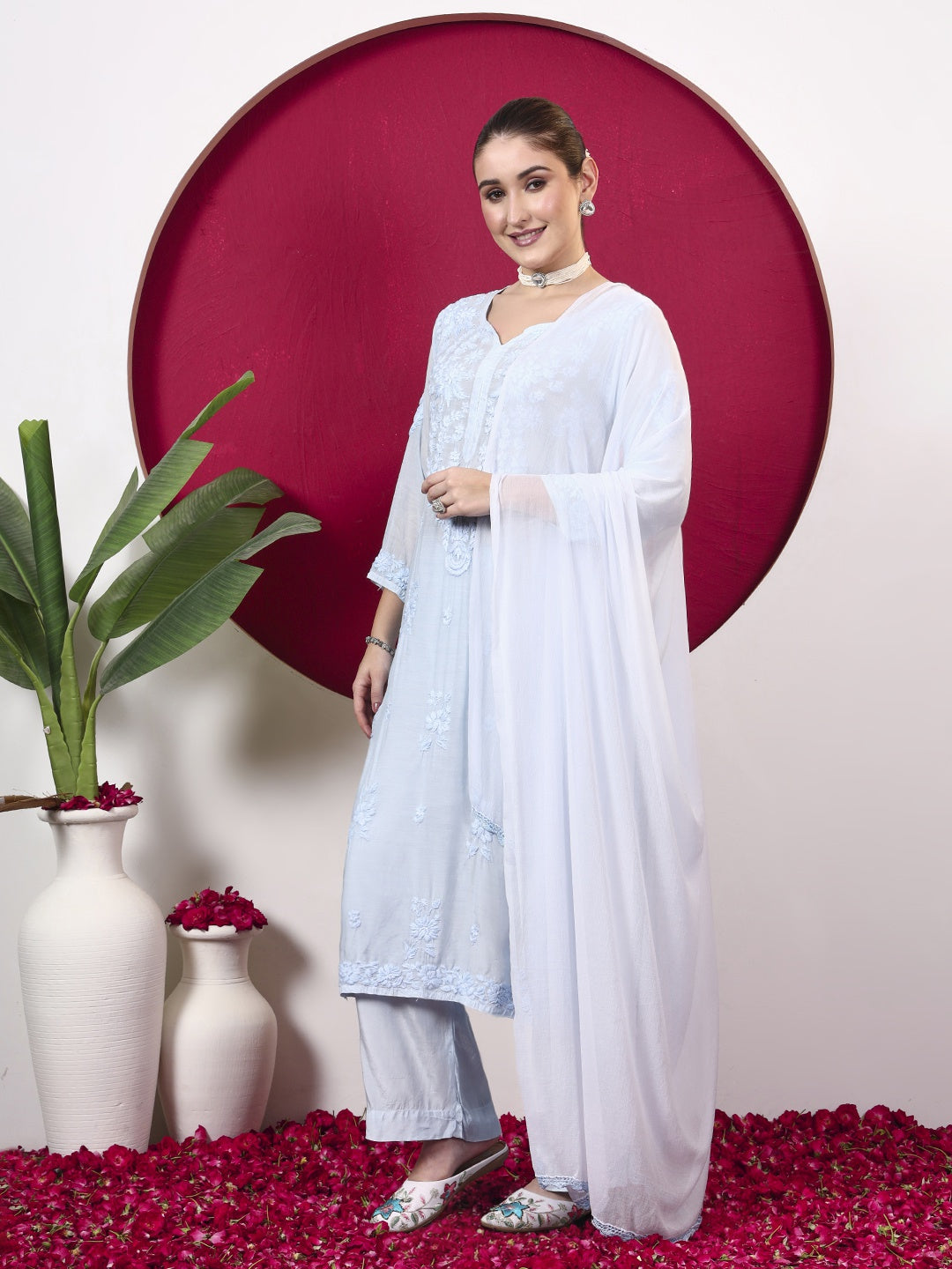 Yamika Muslin Chikankari Straight Kurta Set with Dupatta - Blue