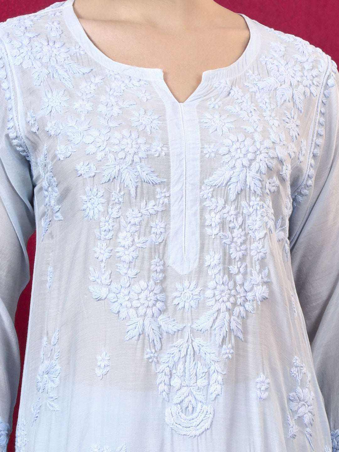 Yamika Muslin Chikankari Straight Kurta Set with Dupatta - Blue