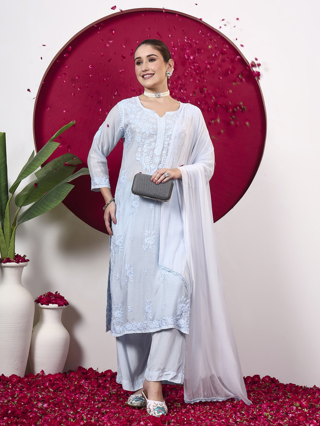 Yamika Muslin Chikankari Straight Kurta Set with Dupatta - Blue