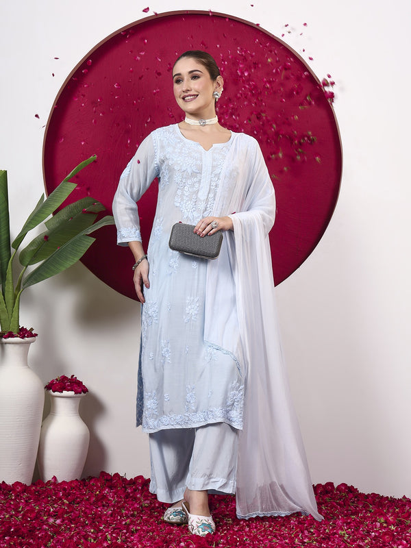 Yamika Muslin Chikankari Straight Kurta Set with Dupatta - Blue