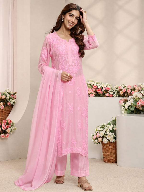 Yamika Muslin Chikankari Straight Kurta Set with Dupatta featuring intricate traditional embroidery, matching palazzo bottoms and a lightweight dupatta for elegant everyday ethnic wear.