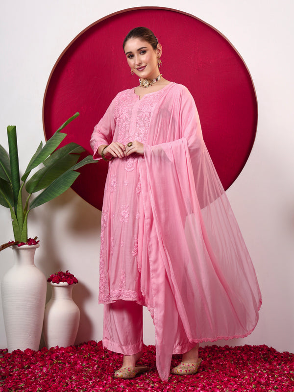 Yamika Muslin Chikankari Straight Kurta Set with Dupatta - Champagne