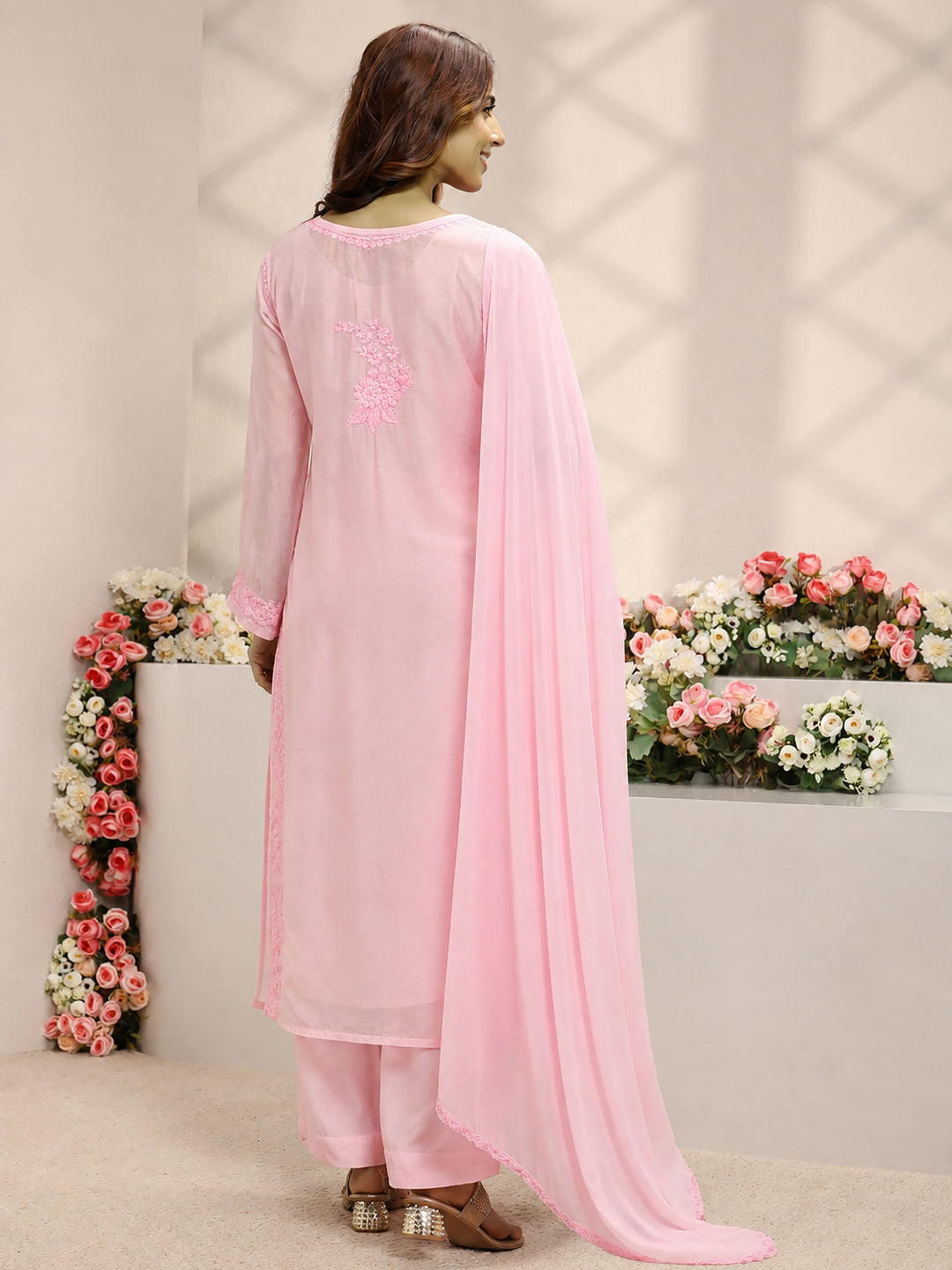 Yamika Chikankari muslin set for women featuring a straight embroidered kurta, coordinated wide-leg bottoms and dupatta designed for comfortable regular wear.