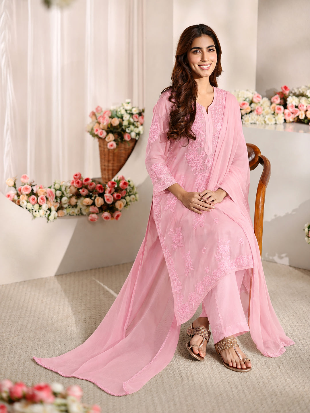 Elegant Yamika Muslin Chikankari Straight Kurta Set with Dupatta showcasing detailed handcrafted embroidery across the kurta with a graceful straight-fit ethnic silhouette.