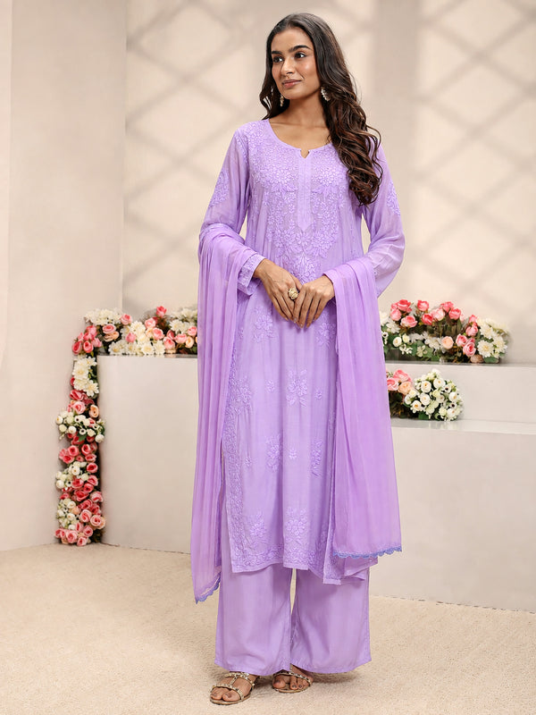 Comfortable regular wear set for women featuring the Yamika Muslin Chikankari kurta with traditional embroidery, matching bottoms and a lightweight coordinated dupatta.