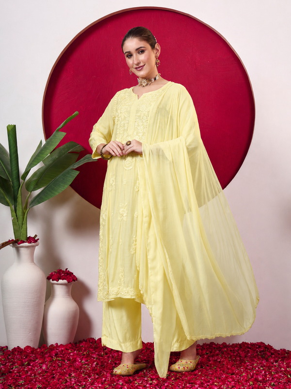 Yamika Muslin Chikankari Straight Kurta Set with Dupatta - Yellow