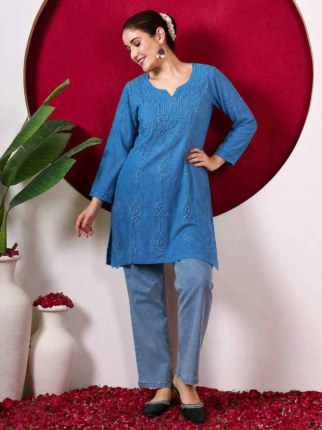 Yashvi Rayon Chikankari Short Kurta - Blue