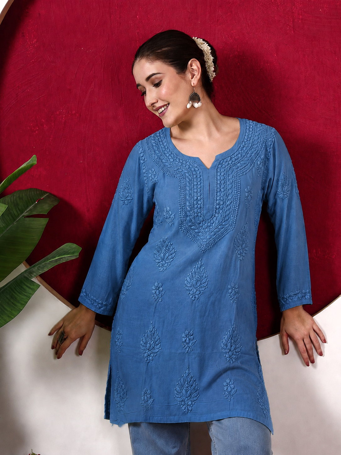 Yashvi Rayon Chikankari Short Kurta - Blue