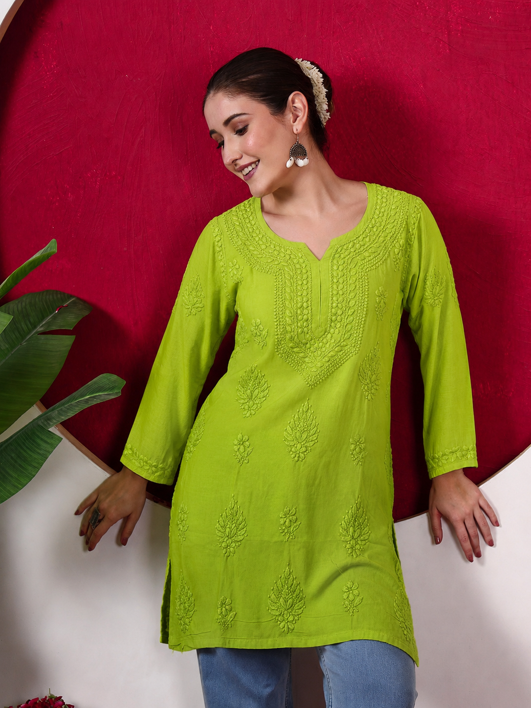 Yashvi Rayon Chikankari Short Kurta - Green