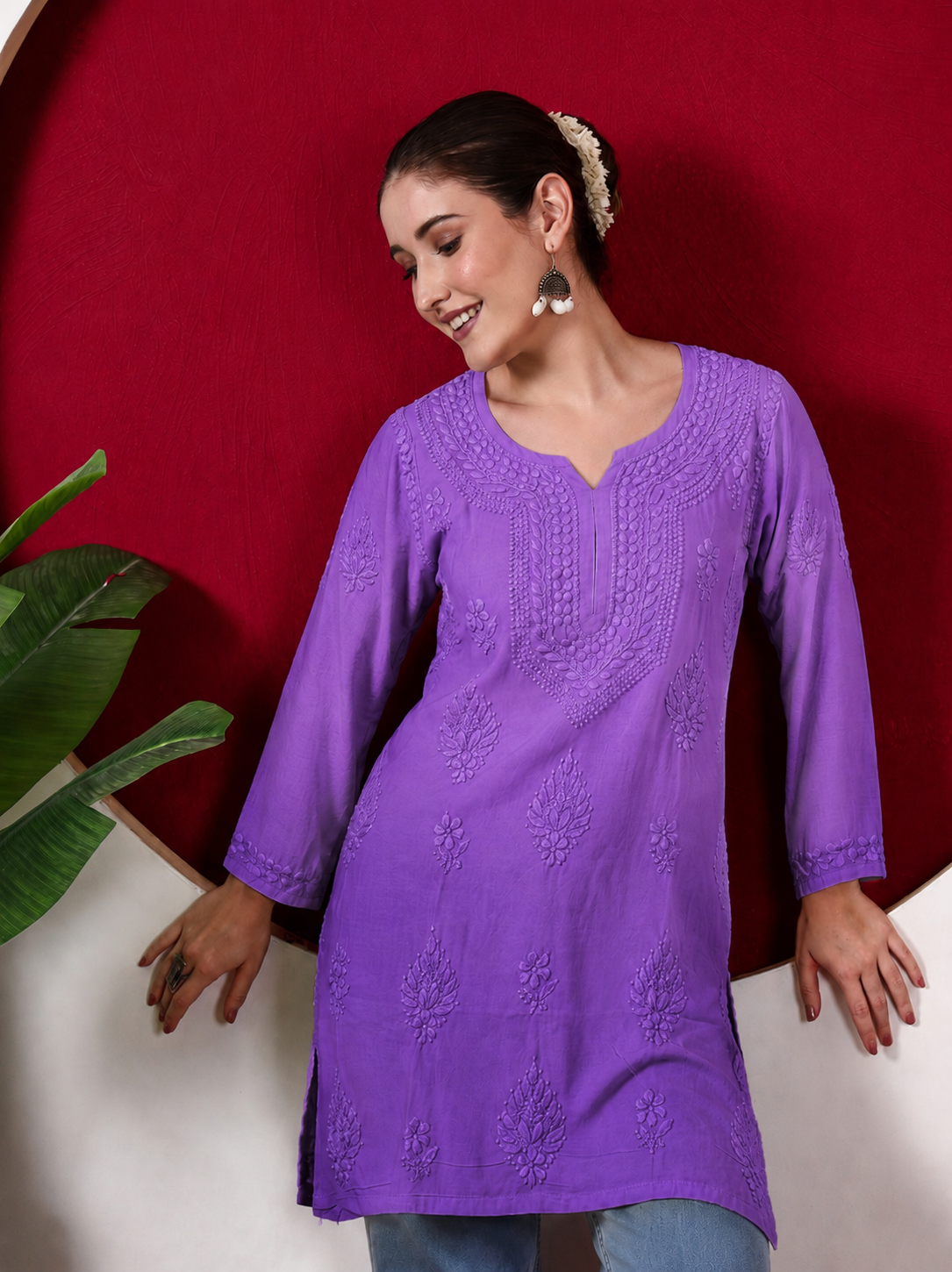 Yashvi Rayon Chikankari Short Kurta - Lavender