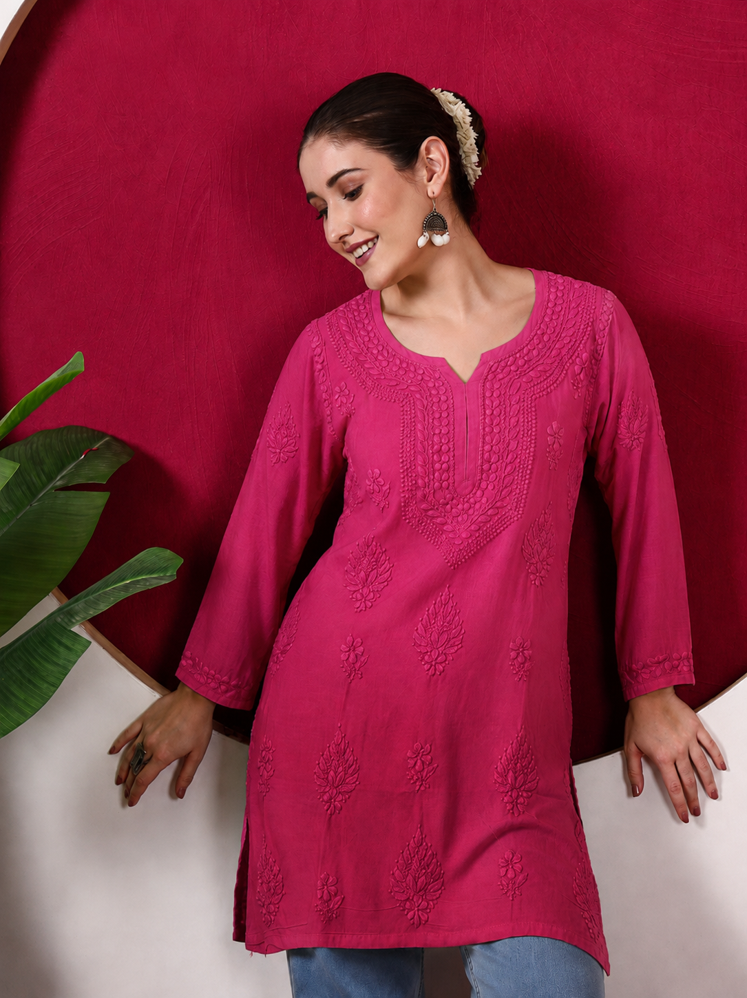 Yashvi Rayon Chikankari Short Kurta - Pink
