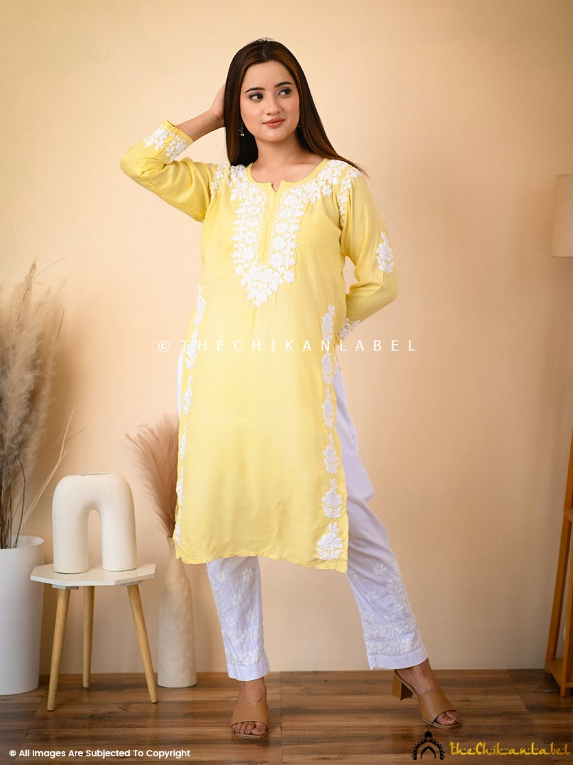 Yellow Aisha Rayon Chikankari Straight Kurti ,Chikankari Straight Kurti in Rayon Fabric For woman