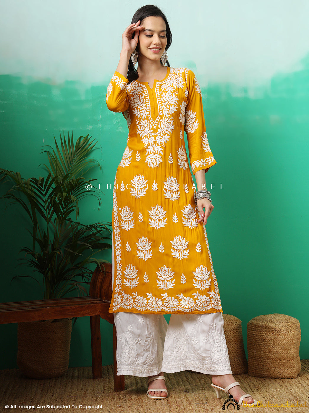 Yellow Tanvi Modal Chikankari Straight Kurti