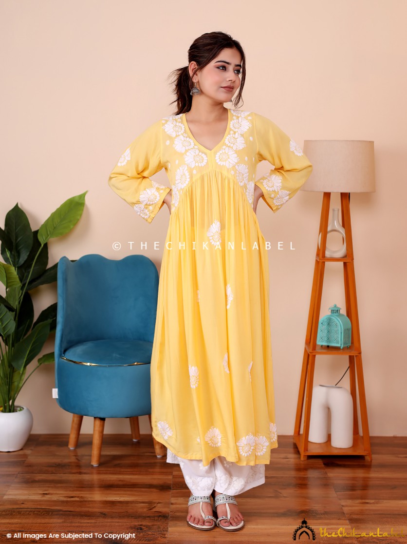 Yellow Aina Modal Chikankari Anarkali , Chikankari Anarkali in Modal Fabric For Woman