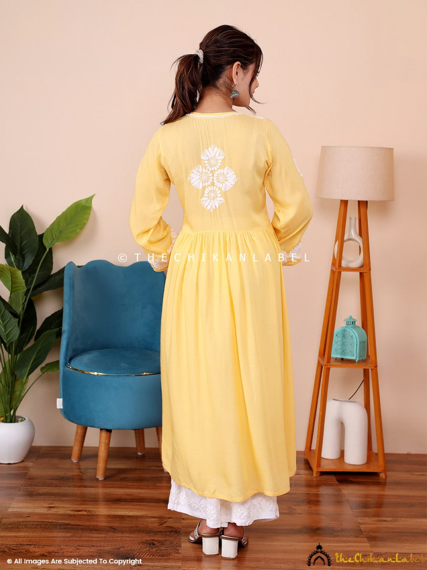 Yellow Aina Modal Chikankari Anarkali , Chikankari Anarkali in Modal Fabric For Woman
