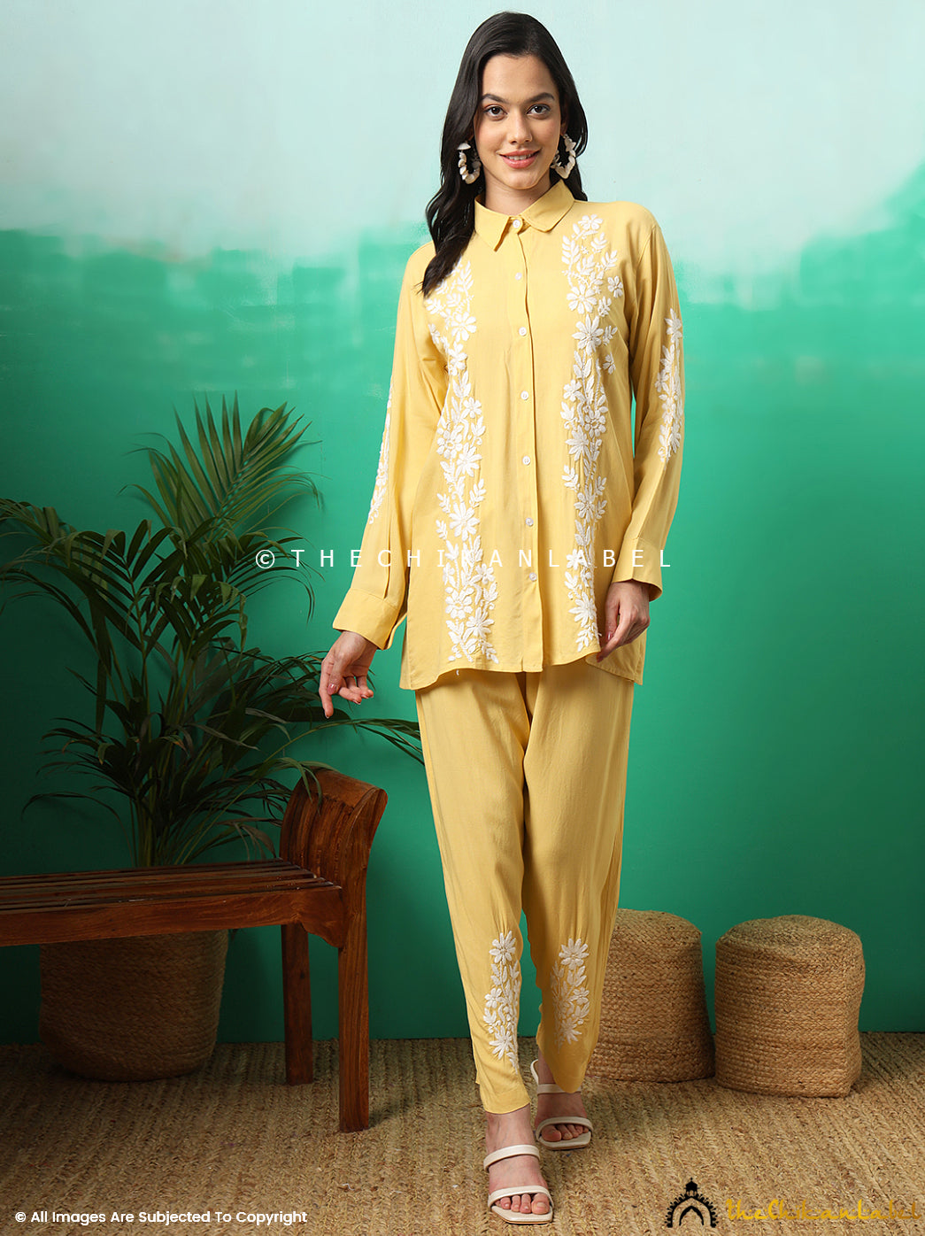 Yellow Anvika Rayon Chikankari Co-ord Set