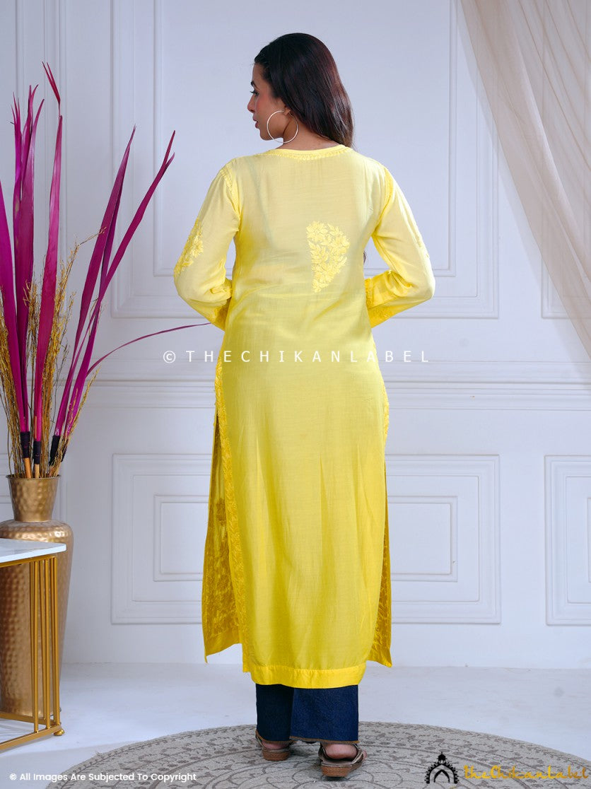 Yellow Azmi Muslin Chikankari Straight Kurti ,Chikankari Straight Kurti in Muslin Fabric For Woman