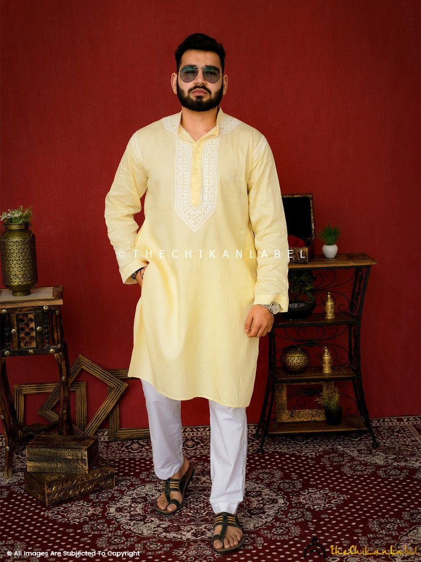 Yellow Uman Cotton Chikankari Men's Kurta , Chikankari Men's Kurta in Cotton fabric For Men