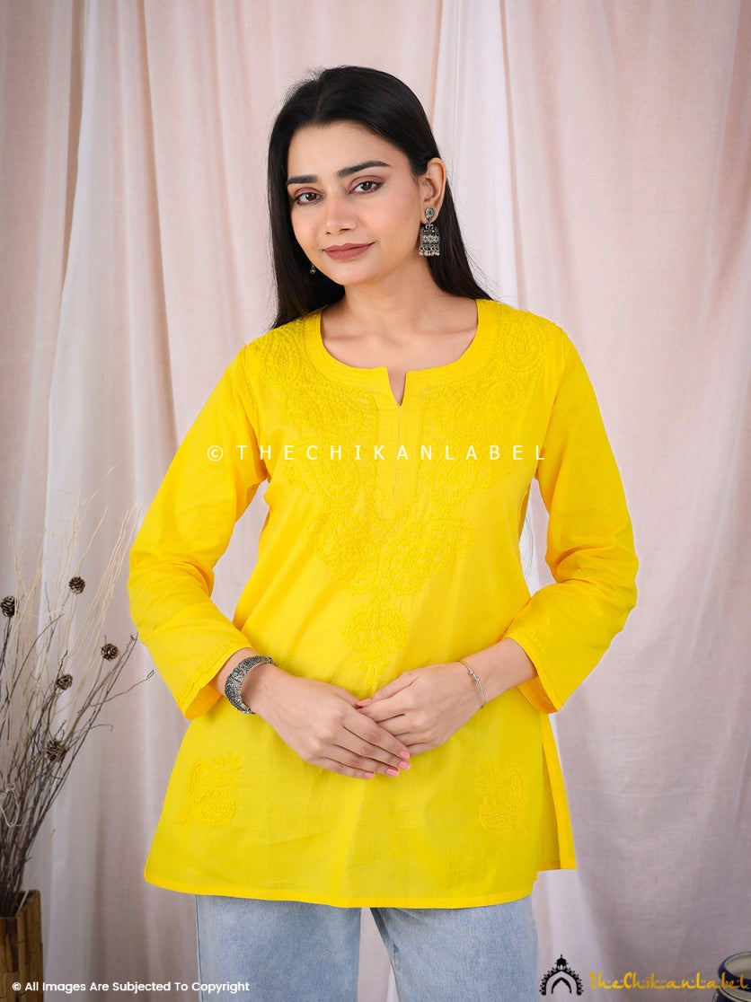 Yellow Cotton Chikankari Short Kurta ,Chikankari Short Kurta in Cotton Fabric For woman