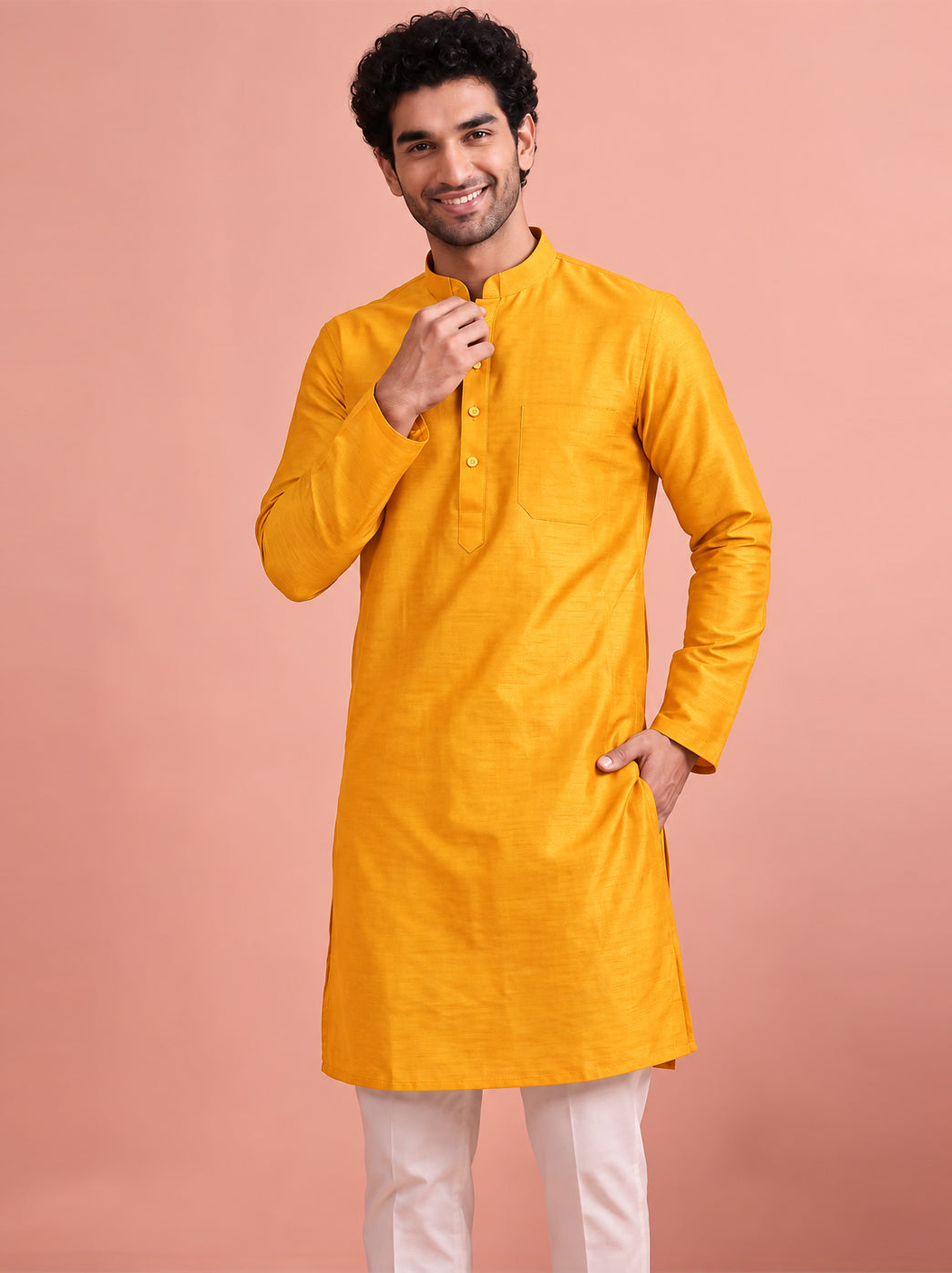 Avi Cotton Mens Straight Kurta - Yellow
