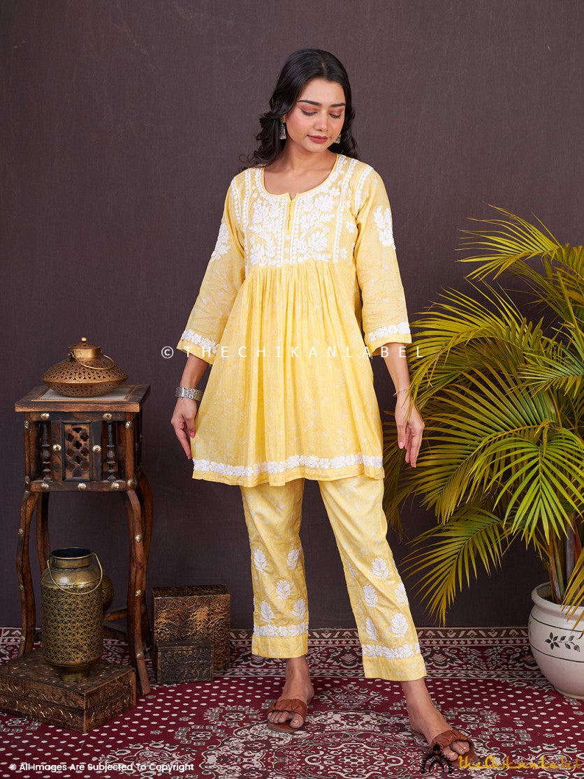 Yellow Kavya Mulmul Chikankari Kurta Set ,Chikankari Kurta Set in Mulmul Fabric For Woman