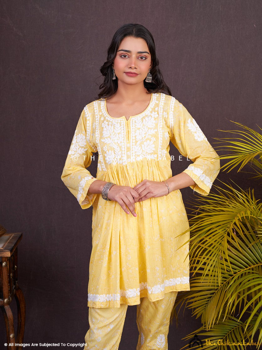 Yellow Kavya Mulmul Chikankari Kurta Set ,Chikankari Kurta Set in Mulmul Fabric For Woman