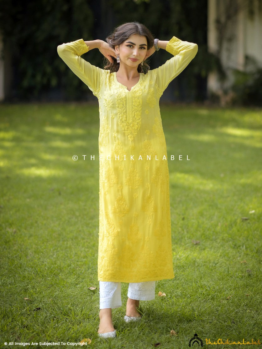 Yellow Maisha Modal Chikankari Straight Kurti , Chikankari Straight Kurti in Modal Fabric For  Woman