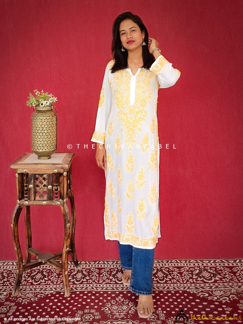 White Modal Chikankari Straight Kurti ,Chikankari Straight Kurti in Modal fabric For Woman