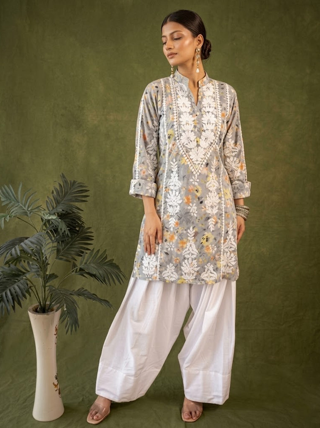 Yellow Mulmul Chikankari Farshi Salwar Set