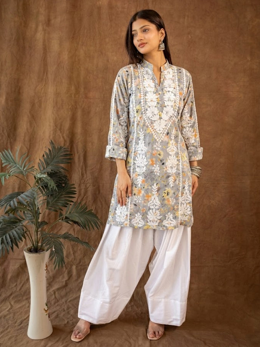 Yellow Mulmul Chikankari Farshi Salwar Set