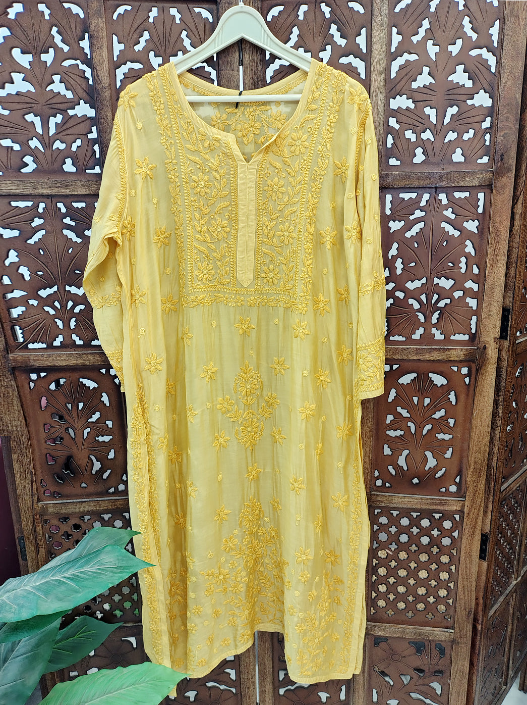 Yellow Muslin Chikankari Straight Kurti