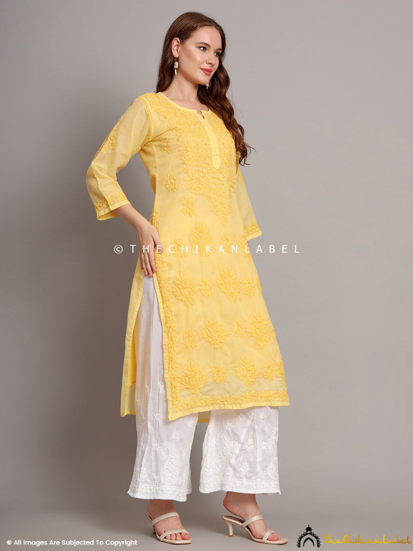 Yellow Naina Cotton Chikankari Straight Kurti with inner