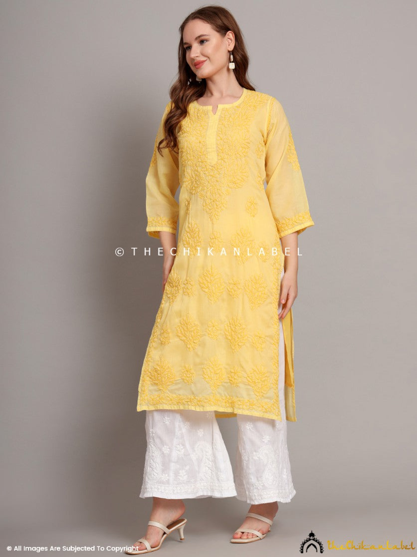 Yellow Naina Cotton Chikankari Straight Kurti with inner