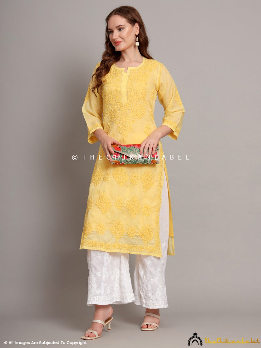 Yellow Naina Cotton Chikankari Straight Kurti with inner