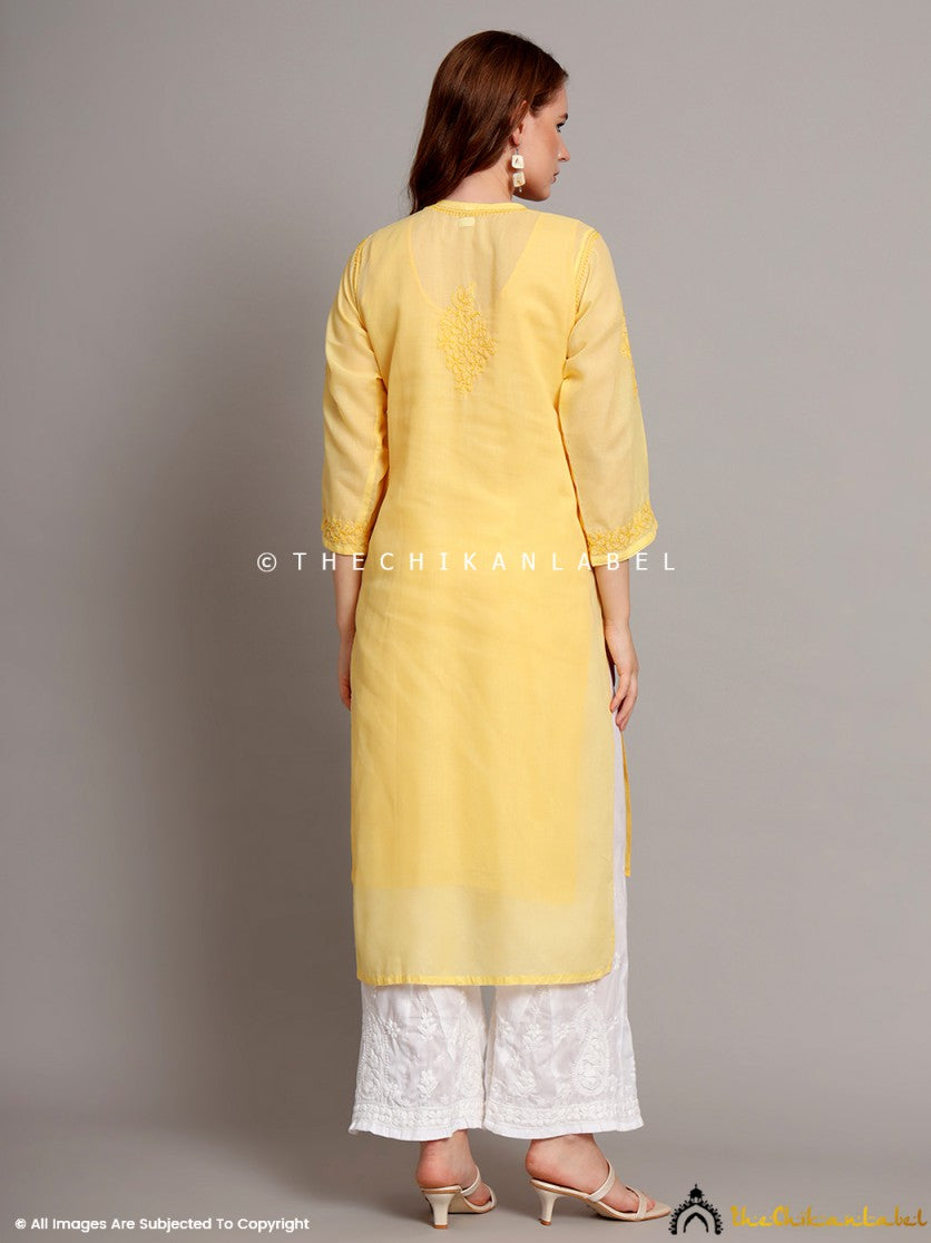 Yellow Naina Cotton Chikankari Straight Kurti with inner