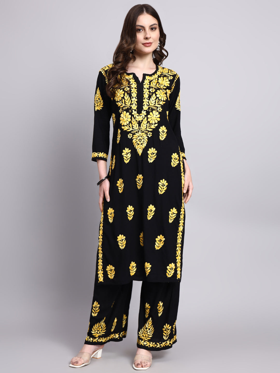 Niya Rayon Chikankari Kurti Palazzo Set - Yellow
